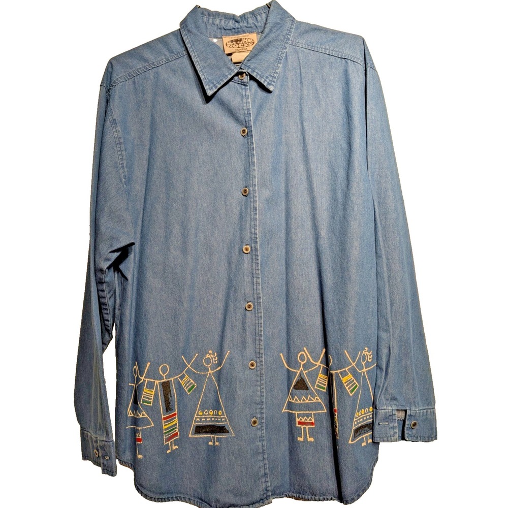 VTG. On The Rocks California Denim button Up Top Womens Sz: L Stick Figures USA